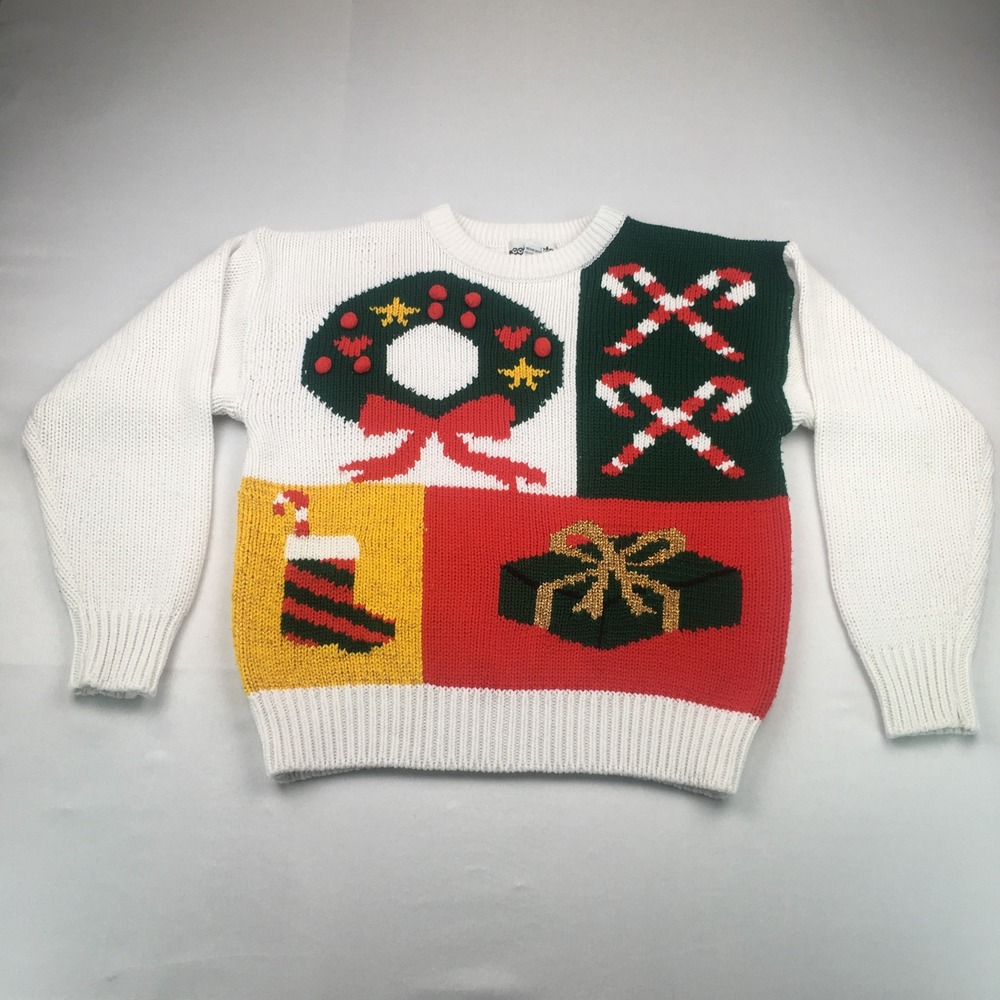 Ugly Christmas Sweater Women Large White Colorblock Holiday Party Patchwork Knit